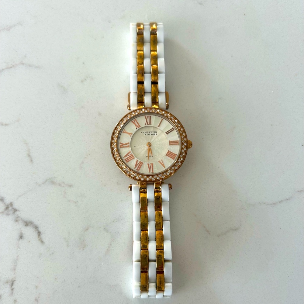 Anne Klein Ceramic Rose Gold Tone Women’s Quartz Watch Crystal Accented Watch